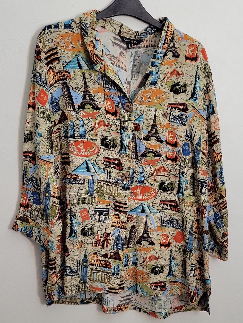 John Mark Multicolor Travel-Print Long Sleeve Button Front Top